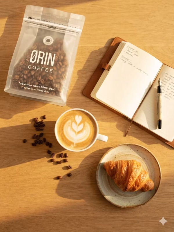 ORIN Lumina kava ob cappuccinu, beležki in rogljičku